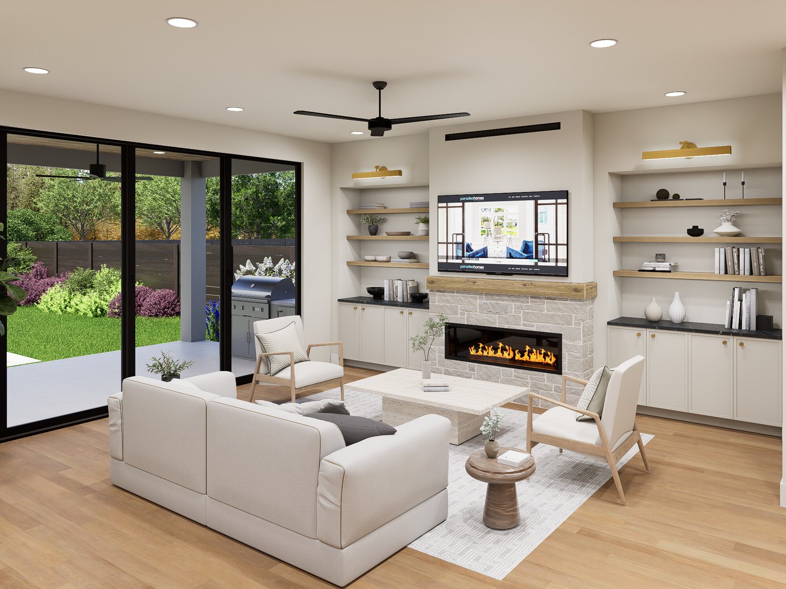 Living Room with Stone Fireplace and Floating Shelves Rendering